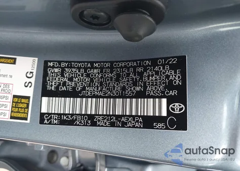 2022 Toyota Corolla Le z USA, uszkodzony, nr VIN JTDEPMAE2N3011557